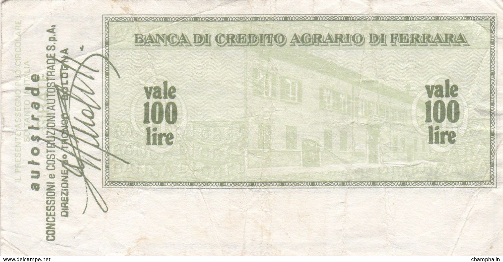 Italie - Billet De 100 Lire - Banca Di Credito Agrario Di Ferrara - 27 Mai 1977 - Emissions Provisionnelles - Chèque - [ 4] Emisiones Provisionales