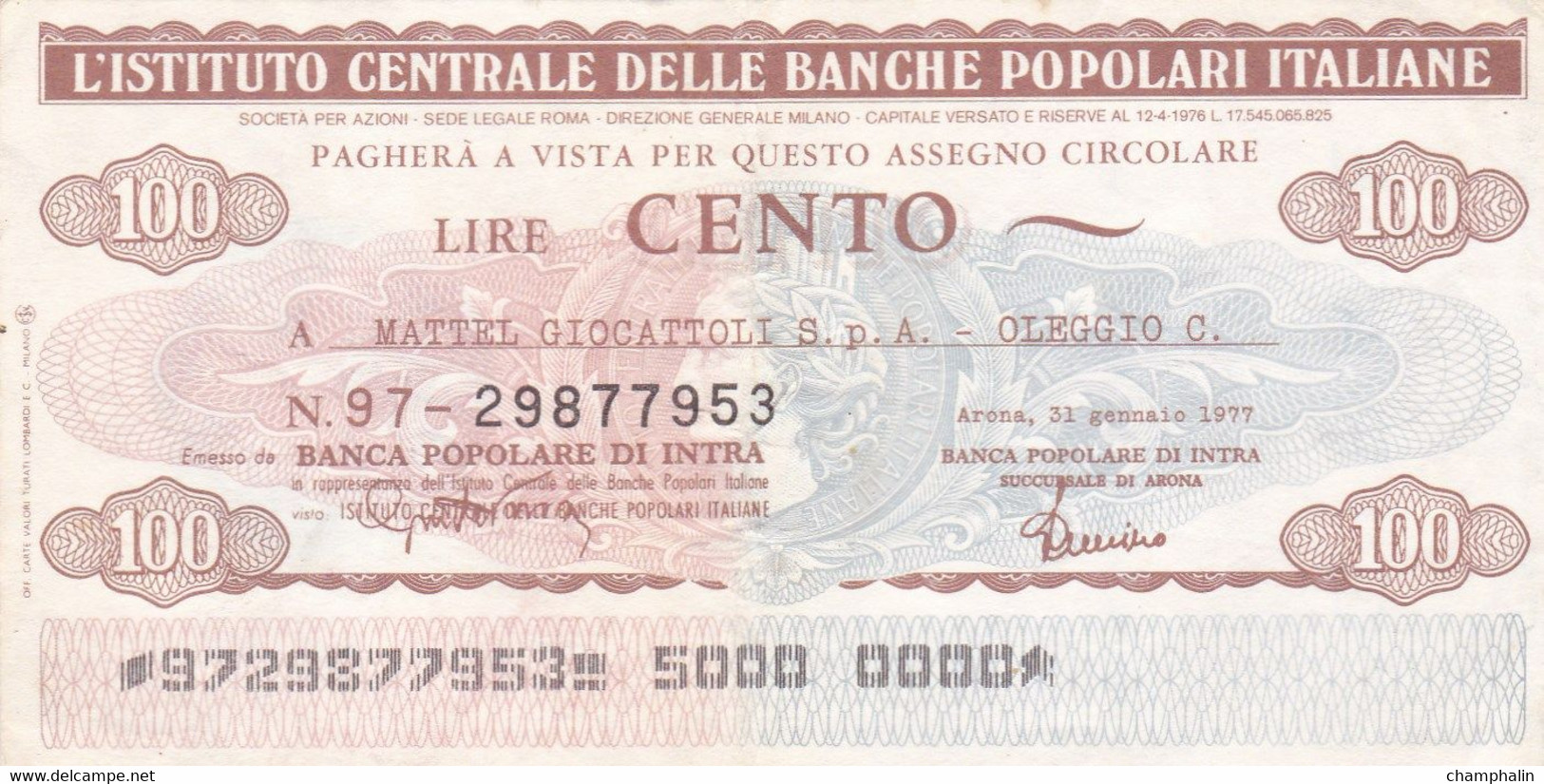 Italie - Billet De 100 Lire - Istituto Centrale Delle Banche Popolari - 31/01/1977 - Emissions Provisionnelles - Arona - [ 4] Emissions Provisionelles