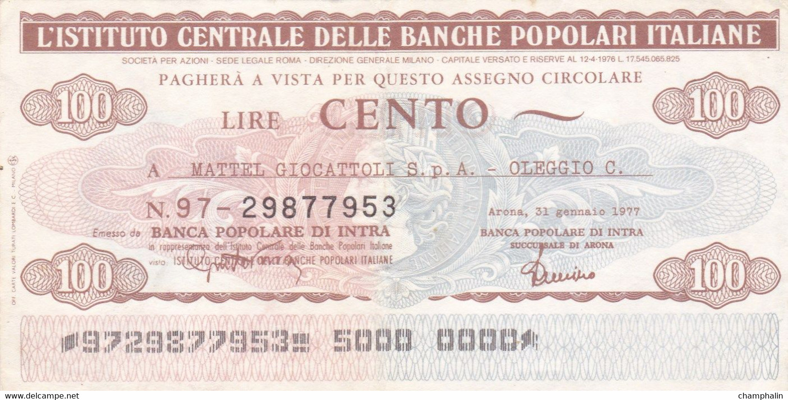 Italie - Billet De 100 Lire - Istituto Centrale Delle Banche Popolari - 31/01/1977 - Emissions Provisionnelles - Arona - [ 4] Emissioni Provvisorie