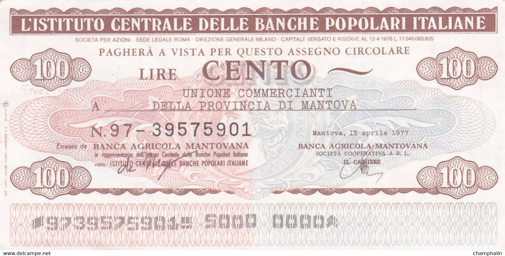 Italie - Billet De 100 Lire - Istituto Centrale Delle Banche Popolari - 15/04/1977 - Emissions Provisionnelles - Mantova - [ 4] Vorläufige Ausgaben