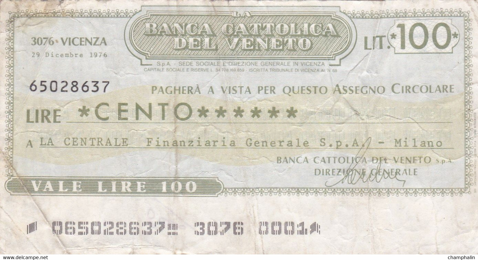 Italie - Billet De 100 Lire - Banco Cattolica Del Veneto - 29 Décembre 1976 - Emissions Provisionnelles - Chèque - [ 4] Provisional Issues