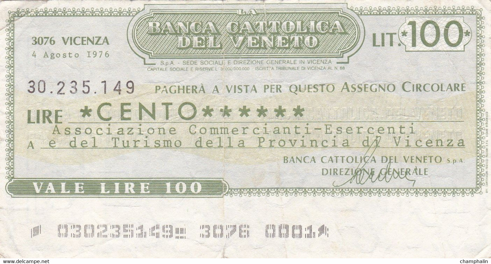 Italie - Billet De 100 Lire - Banco Cattolica Del Veneto - 4 Août 1976 - Emissions Provisionnelles - Chèque - [ 4] Provisional Issues