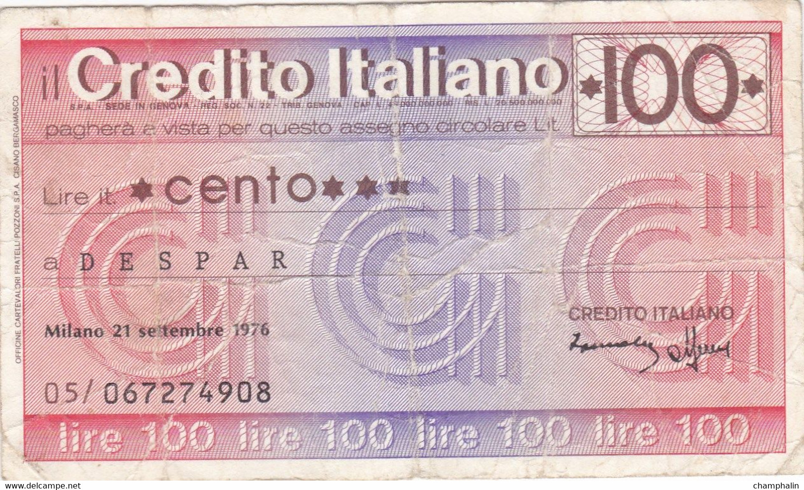 Italie - Billet De 100 Lire - Credito Italiano - 21 Septembre 1976 - Emissions Provisionnelles - Chèque - [ 4] Emissions Provisionelles