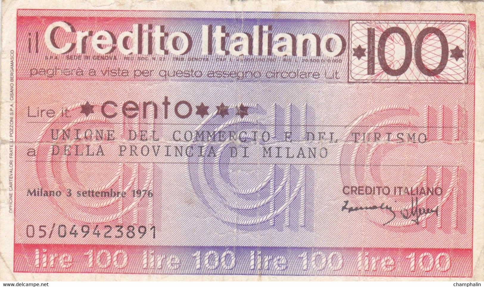 Italie - Billet De 100 Lire - Credito Italiano - 3 Septembre 1976 - Emissions Provisionnelles - Chèque - [ 4] Provisional Issues