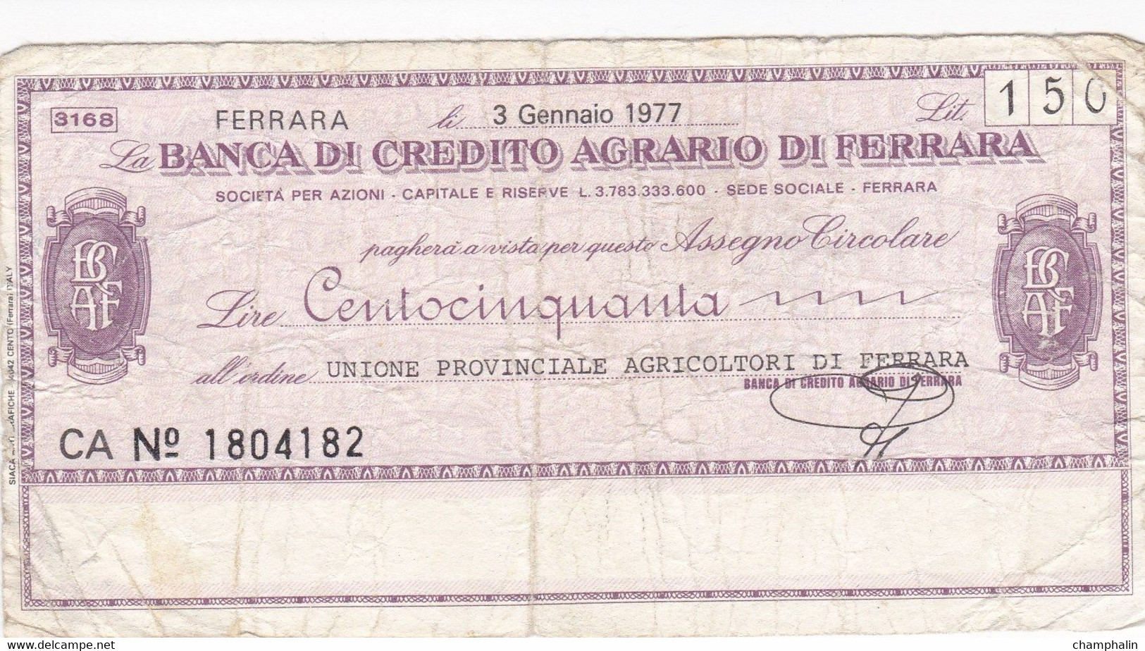 Italie - Billet De 100 Lire - Banca Di Credito Agrario Di Ferrara - 3 Janvier 1977 - Emissions Provisionnelles - Chèque - [ 4] Vorläufige Ausgaben