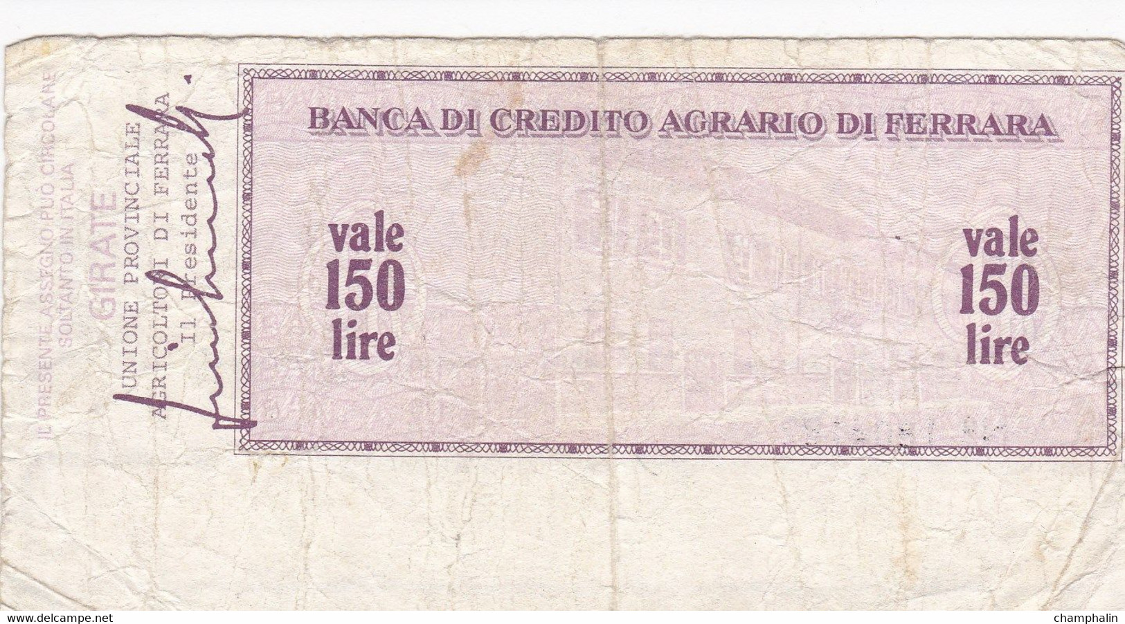 Italie - Billet De 100 Lire - Banca Di Credito Agrario Di Ferrara - 3 Janvier 1977 - Emissions Provisionnelles - Chèque - [ 4] Vorläufige Ausgaben