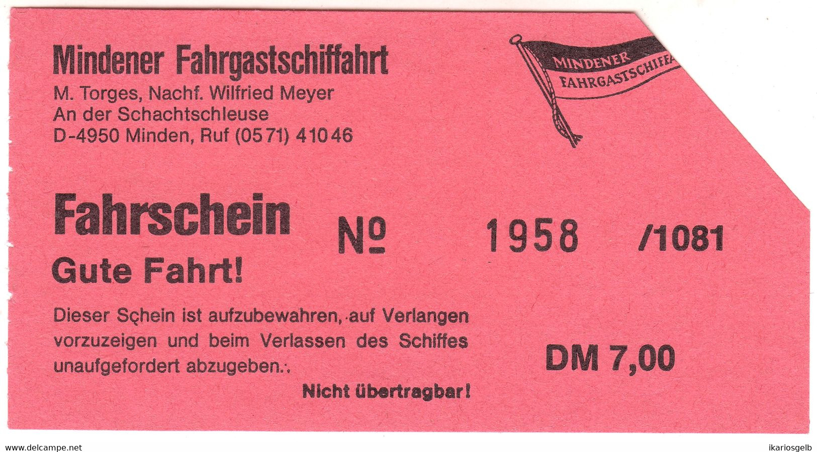 Minden Weser ~1966 7 DM Fahrschein " Mindener Fahrgastschiffahrt Für Wesertour " Boleto Biglietto Ticket Billet - Europa