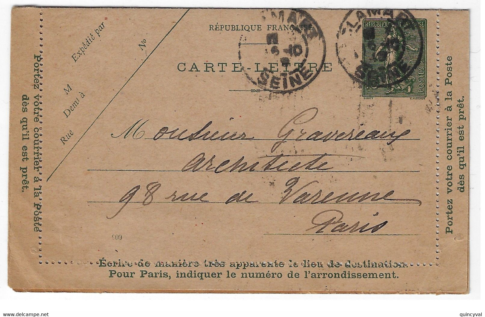 CLAMART Seine Carte Lettre Entier 15c Semeuse Lignée Mill 909 Yv 130-CL7 - Letter Cards