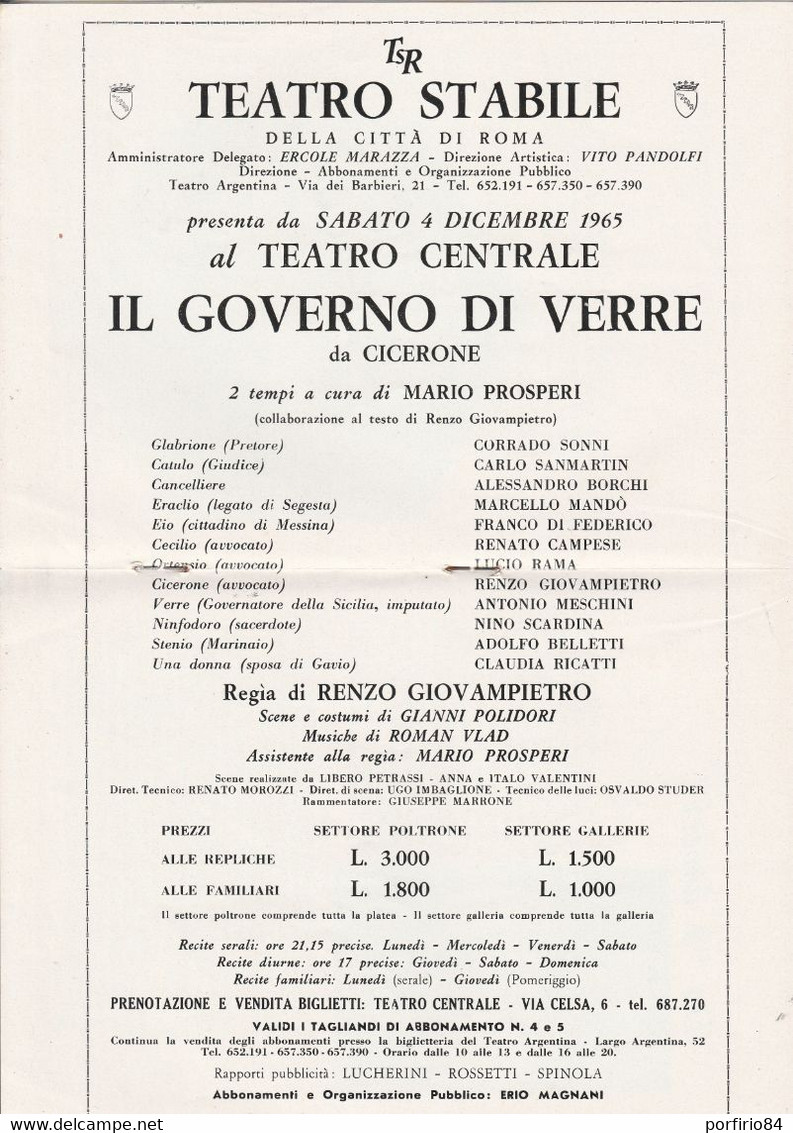 CICERONE IL GOVERNO DI VERRE 1966 Programma Teatro Stabile Roma - - Teatro & Disfraces