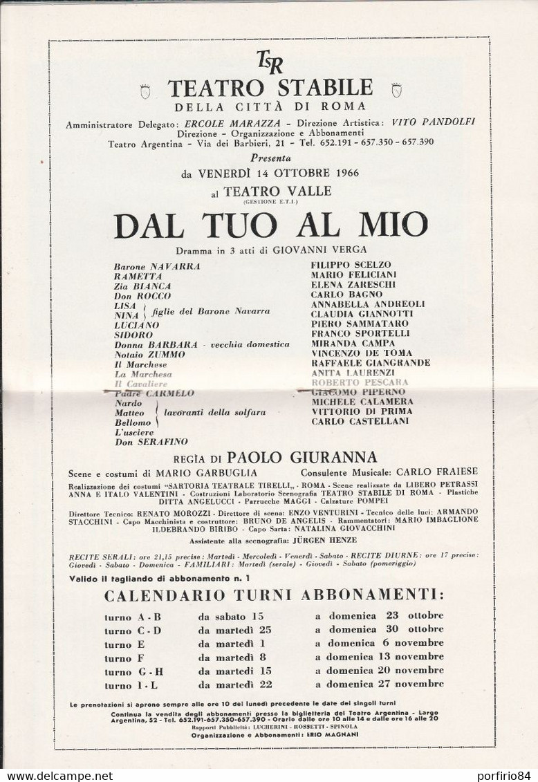 G. VERGA DAL TUO AL MIO 1966 Programma Teatro Stabile Roma - - Teatro, Travestimenti & Mascheramenti