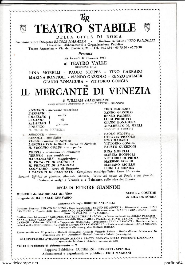 W. SHAKESPEARE IL MERCANTE DI VENEZIA 1966 Programma Teatro Stabile Roma - L. PROIETTI P. STOPPA T. CARRARO - Theater, Kostüme & Verkleidung