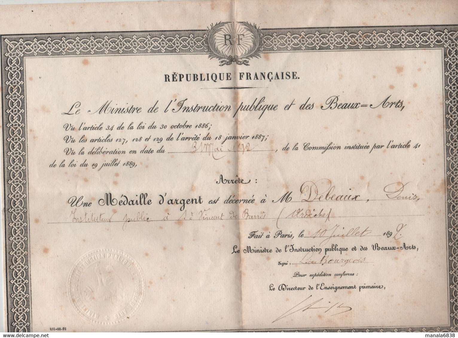 Instruction Publique Beaux Arts 1892 Debeaux Saint Vincent De Barrès Bourgeois - Diploma & School Reports