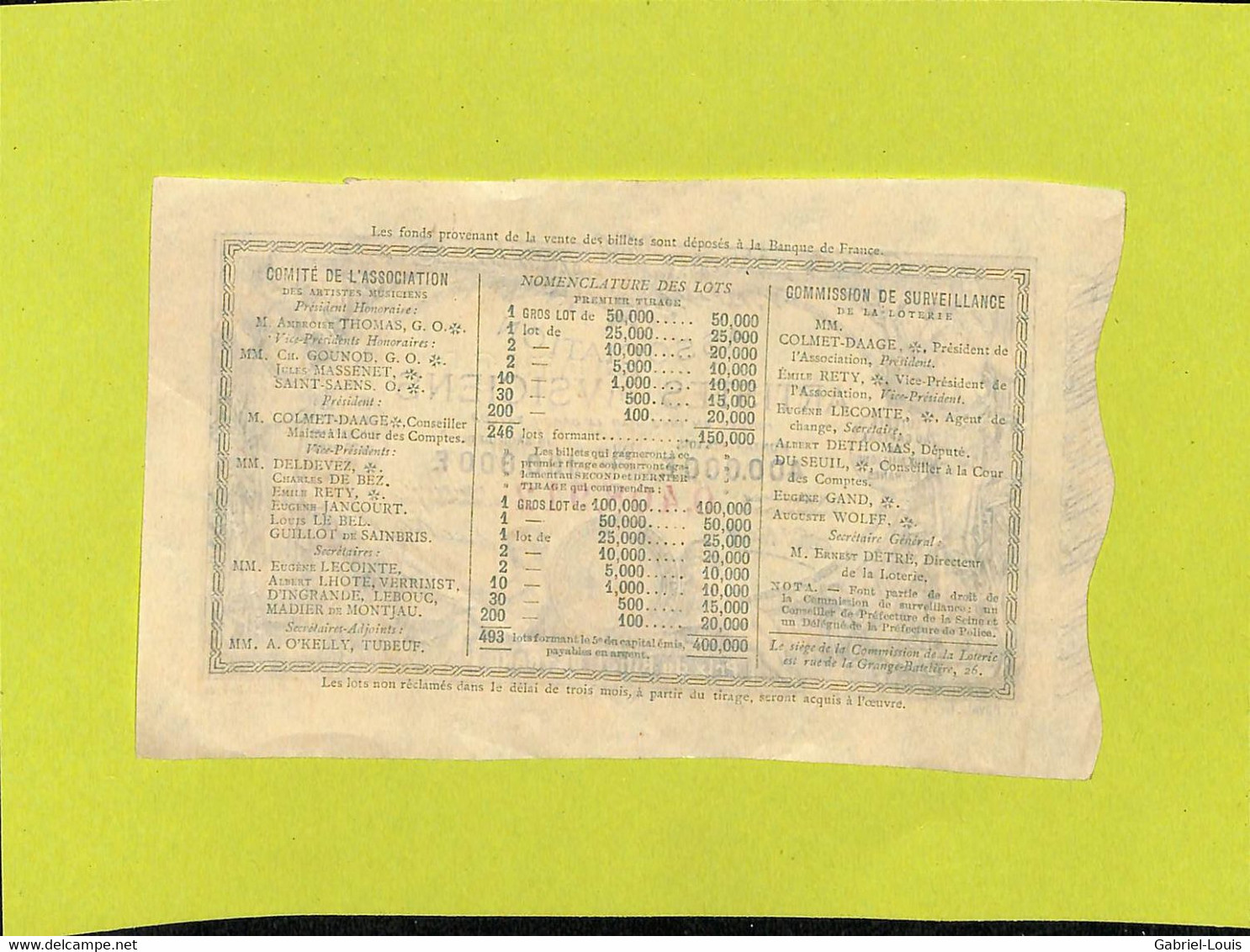 Loterie Tombola Association Des Artistes Et Musiciens Paris Par  Arrêté De 1884 - Billetes De Lotería