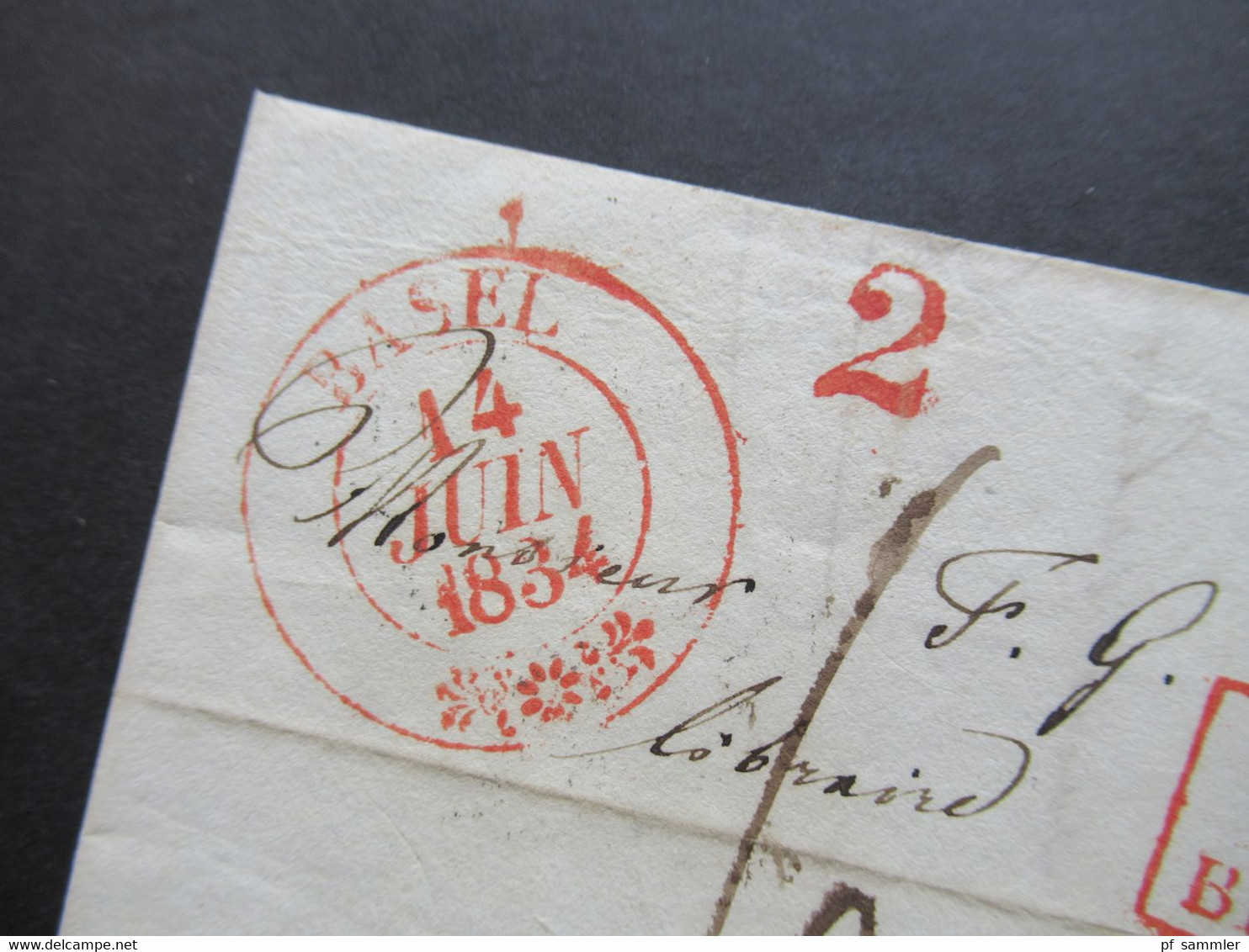 Schweiz 14.6.1834 Basel - Stasbourg 4 Rote Stempel K2 Basel / Ziffernstempel 2 / Ra3 Suisse Par Belfort Und Ra2 LB4K - ...-1845 Vorphilatelie