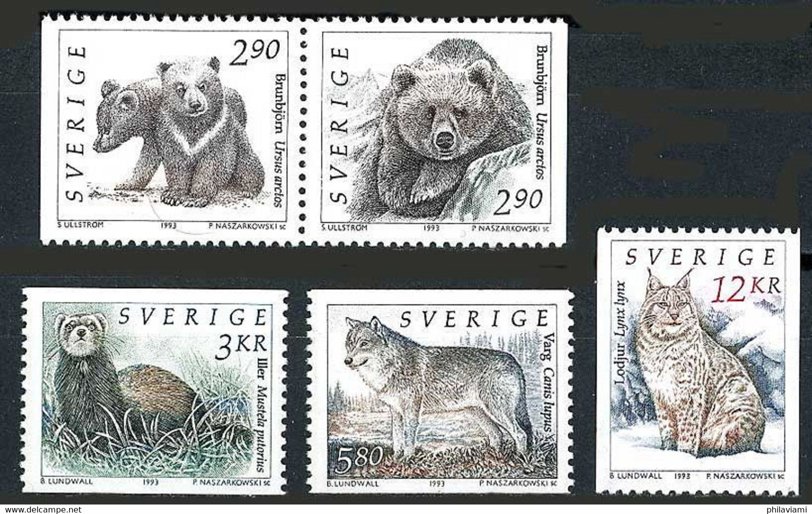 Suède Sweden Schweden 1993 Lynx Luchs Ours Bear Loup Wolf Putois Polecat (Yvert 1737, Michel 1756, SG Gibbons 1669) - Other & Unclassified