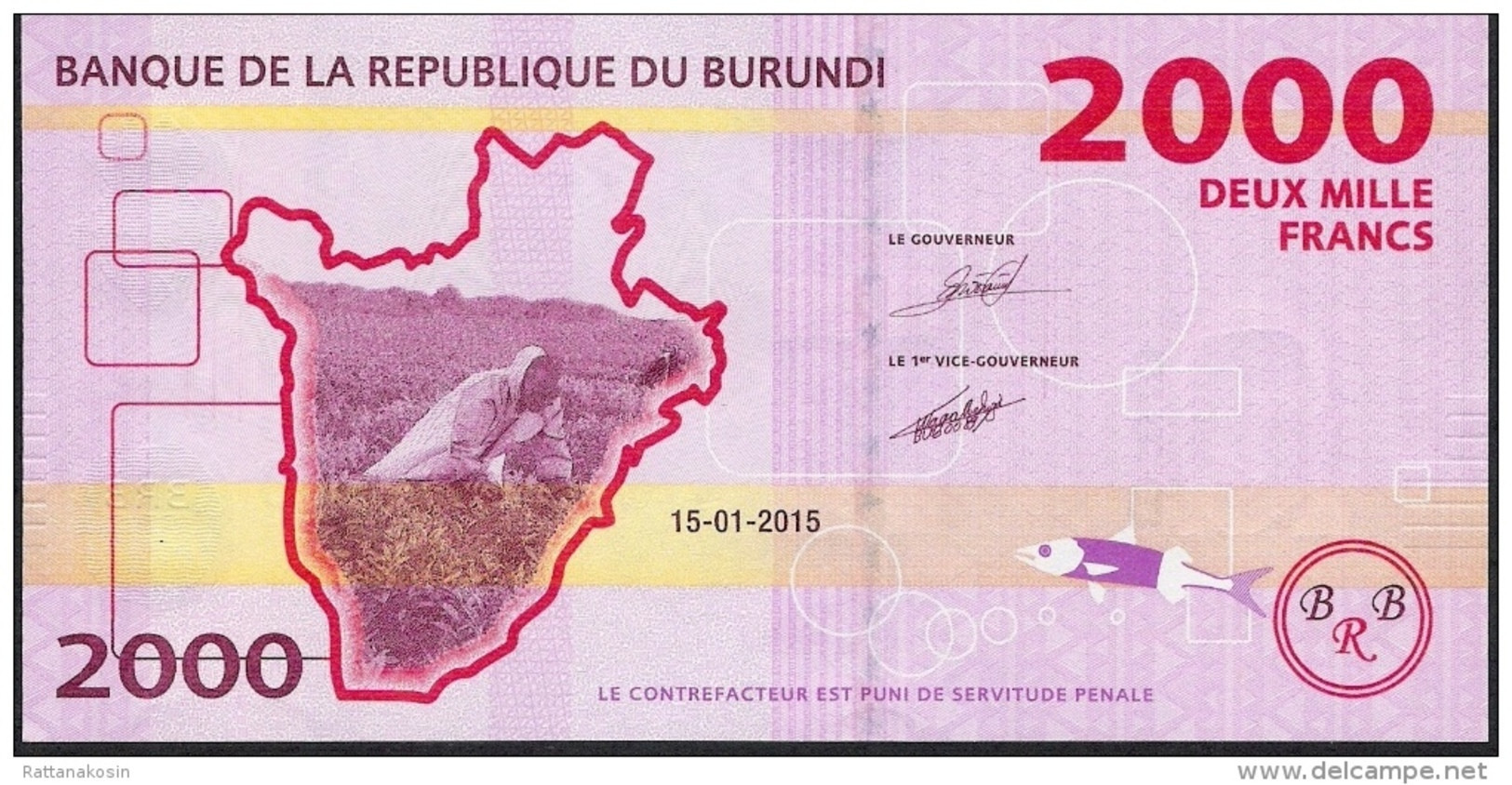 BURUNDI  P52  2000  FRANCS 2015 #CA   FIRST PREFIX     UNC. - Burundi