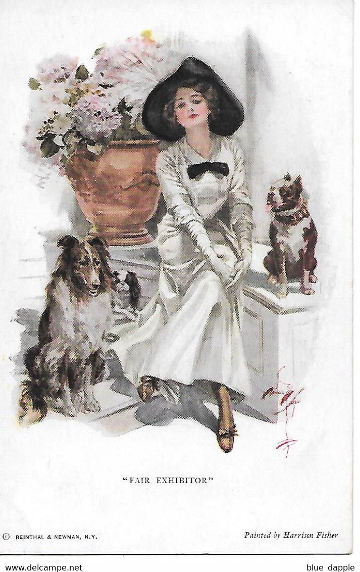 Illustrator Harrison Fisher -  Elegant Woman With Collie, Bulldog, Japanes Spaniel, Femme Elegante, Donna, Chapeau - Fisher, Harrison