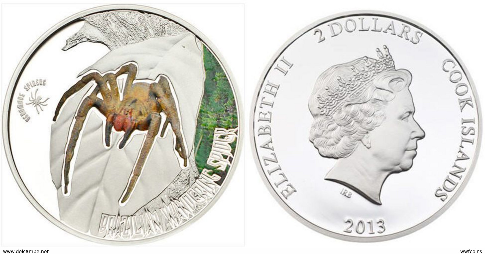 COOK ISLANDS 2 $ 2013 ARGENTO PROOF DOLLARS RAGNI VELENOSI BRAZILIAN WANDERING SPIDER TIRATURA 1000PZ - Cookinseln