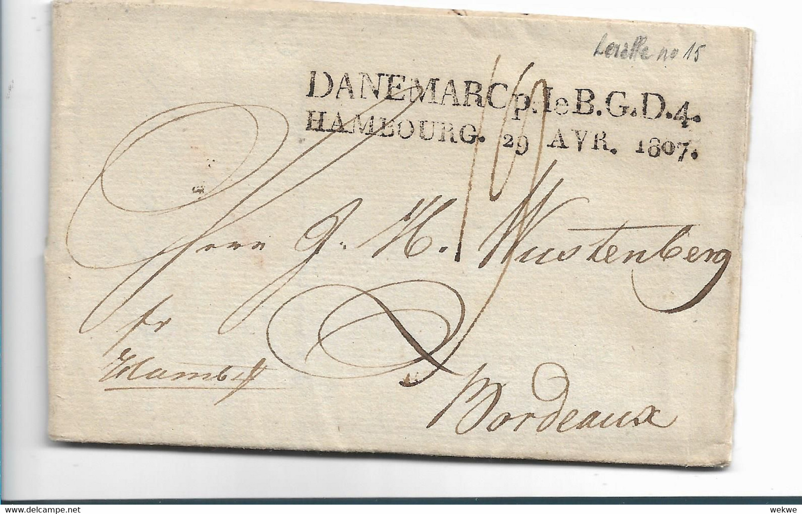DK-V016 / DÄNEMARK P. Le B.G.D. 4. HAMBOURG  29 AVR 1807 Nach Bordeaux SELTEN - ...-1851 Préphilatélie