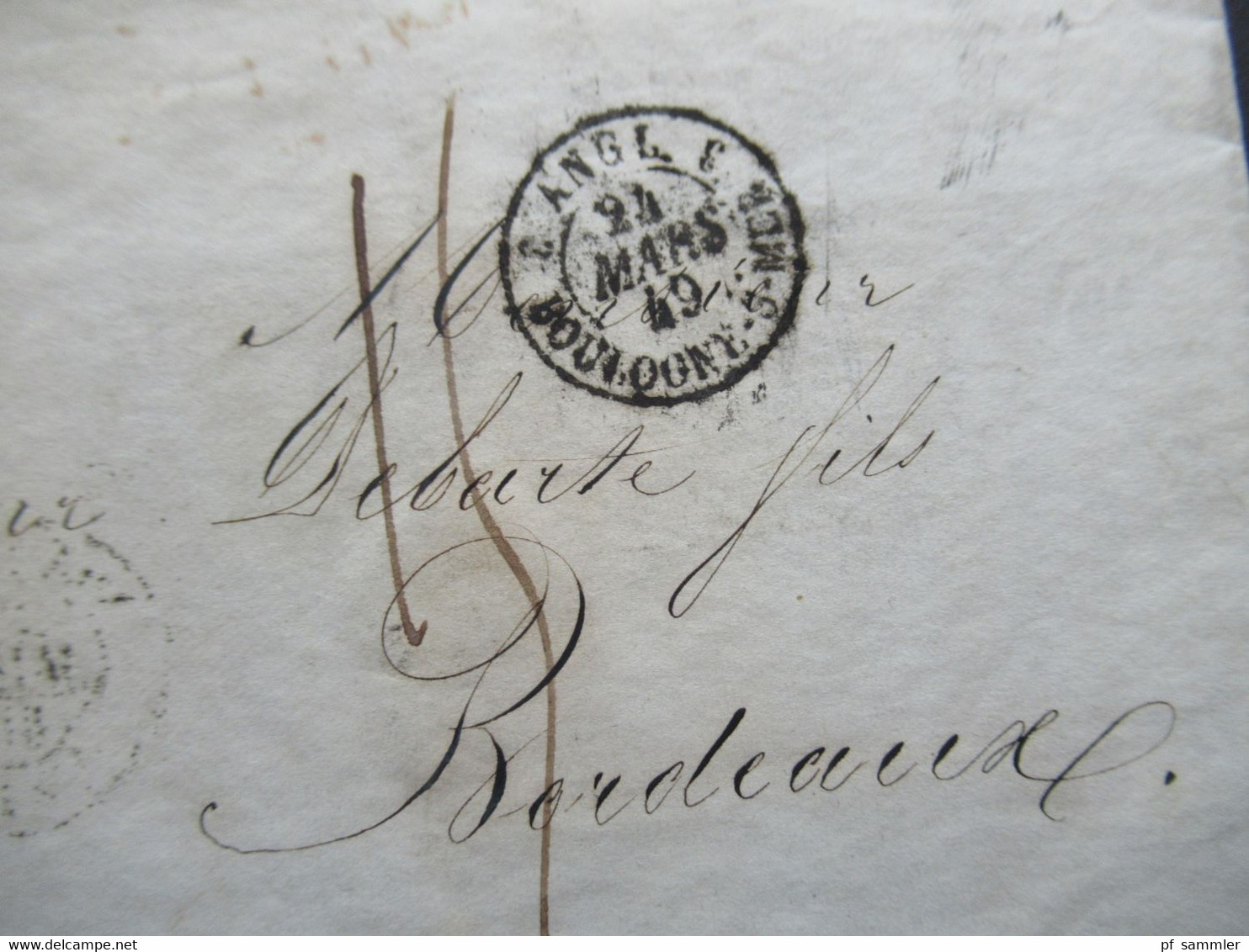 GB London 1849 Stempel Angl. Boulogne S-Mer Und Roter Stempel Malteser Kreuz LS 23 Mrz 23 1849 Nach Bordeaux - Briefe U. Dokumente