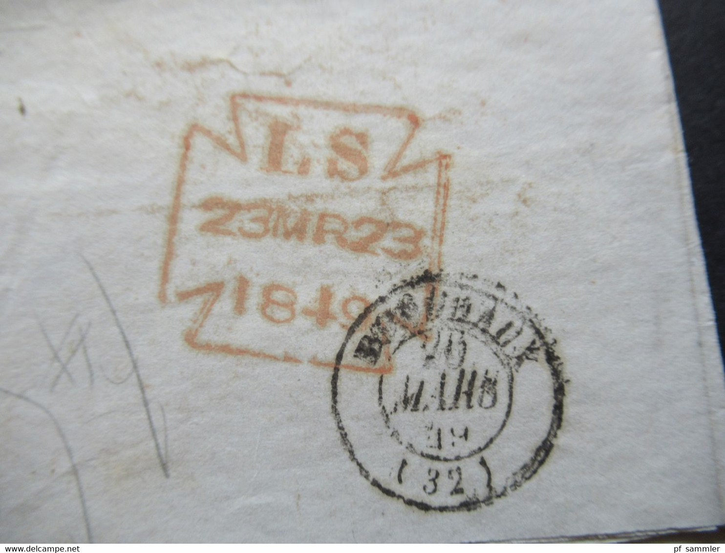 GB London 1849 Stempel Angl. Boulogne S-Mer Und Roter Stempel Malteser Kreuz LS 23 Mrz 23 1849 Nach Bordeaux - Storia Postale