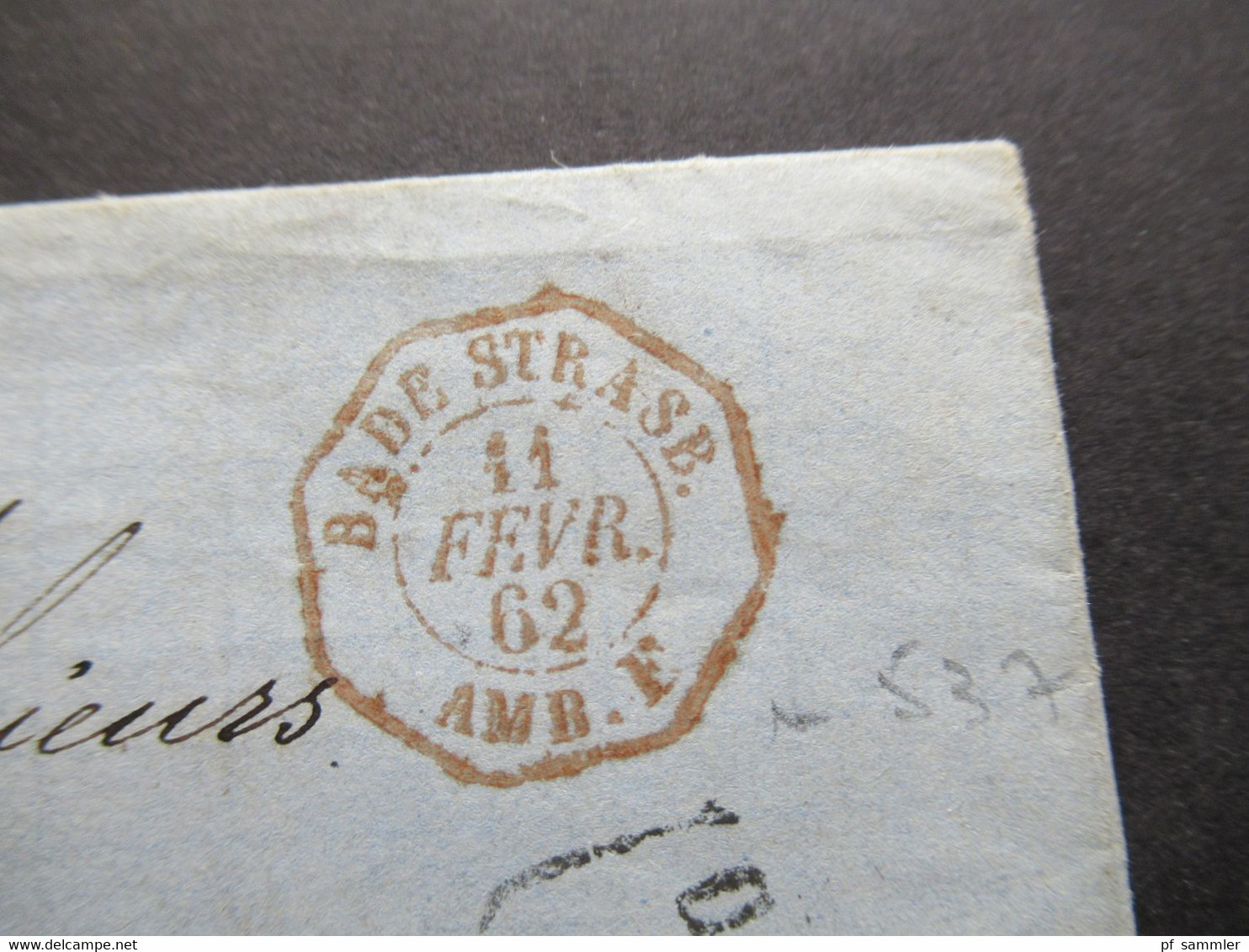 AD Baden 1862 Auslandsbrief Ra2 Carlsruhe Nach Paris Roter 6eck Stempel Bade Strassb. 11. Fevr. 62 AMB. F. - Lettres & Documents