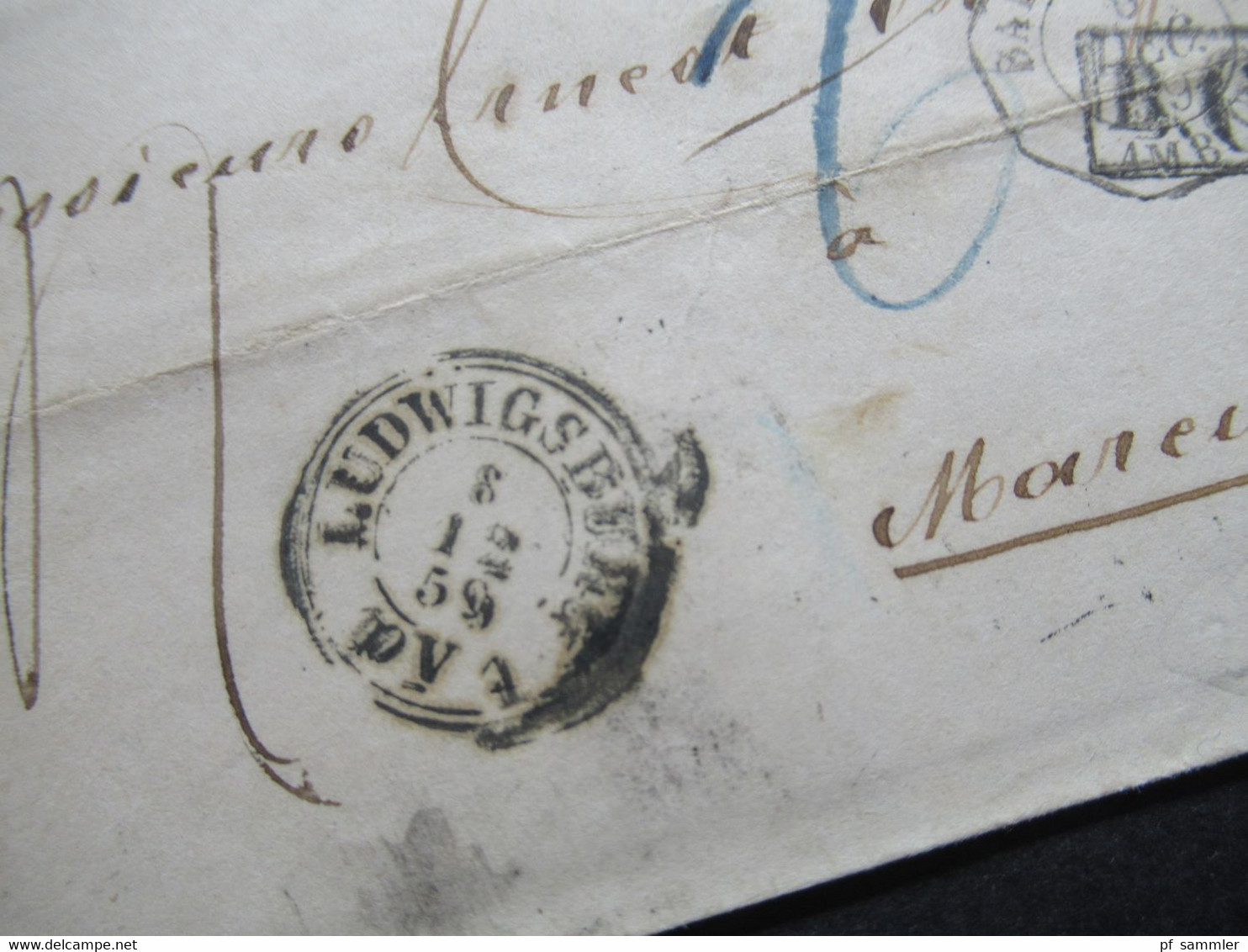 AD Württemberg 1859 Auslandsbrief Nach Mareuil 6eck Stempel Bade Strassb. AMB Und K.Württ. Fahrendes Postamt - Storia Postale