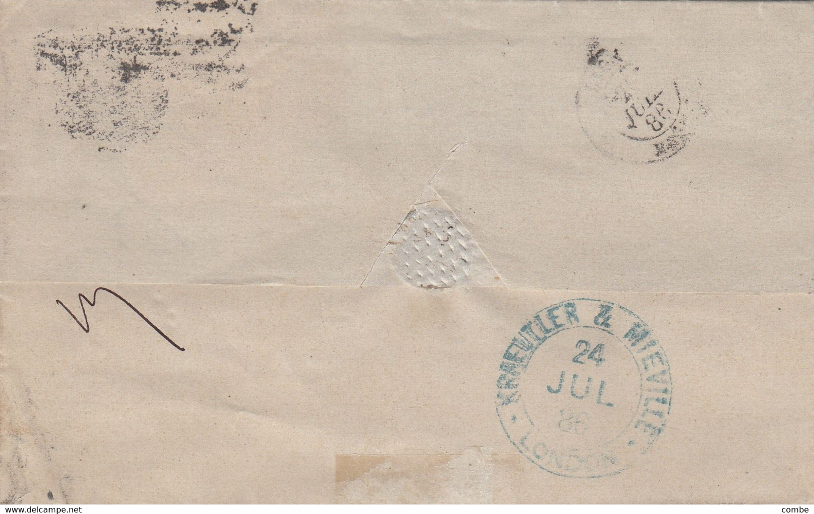 COVER. 24 JY 86. 2 1/2d. KRAEUTLER & MIEVILLE LONDON. LOMBARD BP. TO FRANCE. CALAIS A PARIS   / 2 - Lettres & Documents