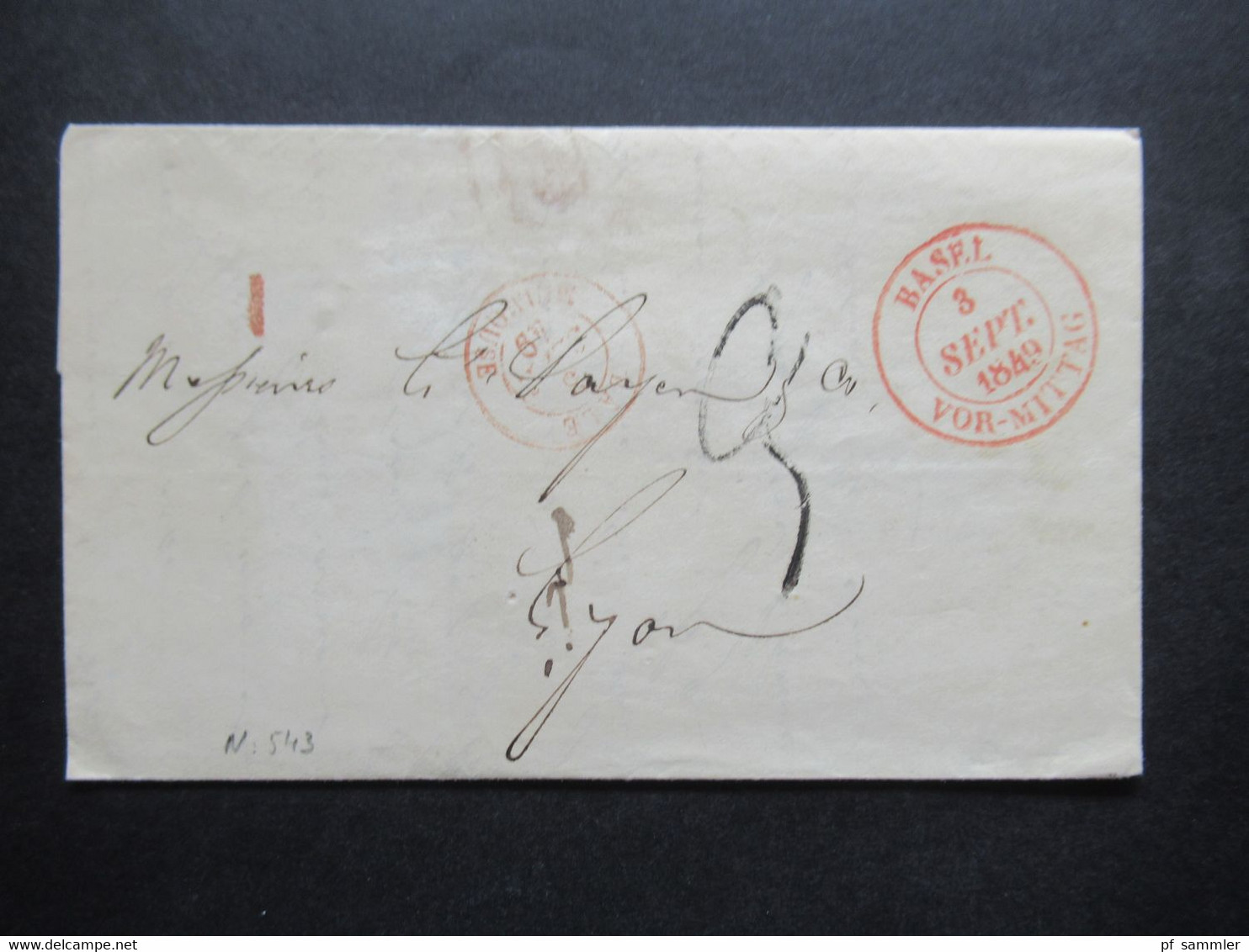 Schweiz 3.9.1849 Roter K2 Basel Vor-Mittag Und K2 Bale Mulhouse Auslandsbrief Nach Lyon - 1843-1852 Federal & Cantonal Stamps