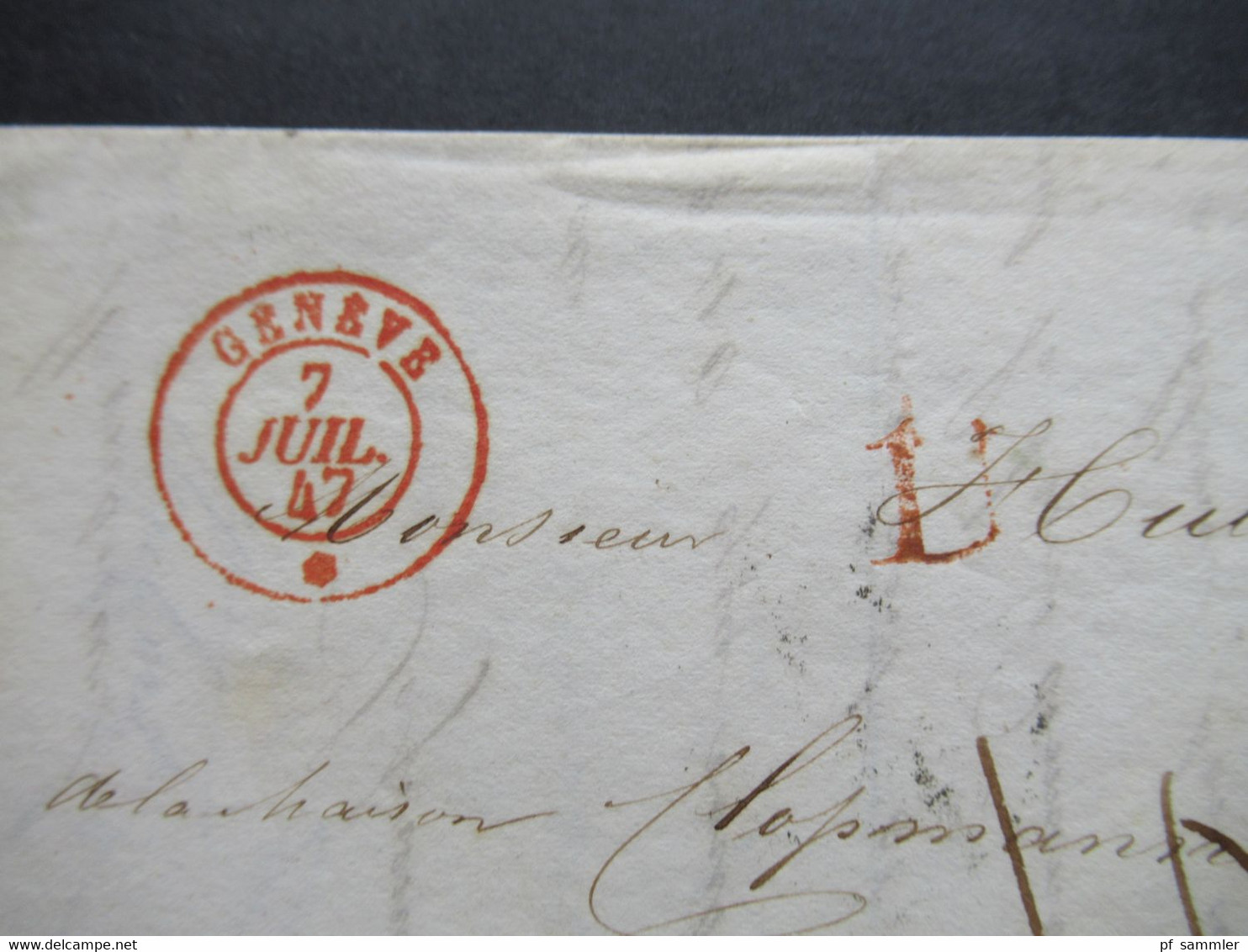 Schweiz 7.7.1847 Roter K2 Geneve Ferney Und Geneve * Auslandsbrief Nach Bordeaux Bartaxe 10 Gedruckter Briefkopf Saran - 1843-1852 Poste Federali E Cantonali