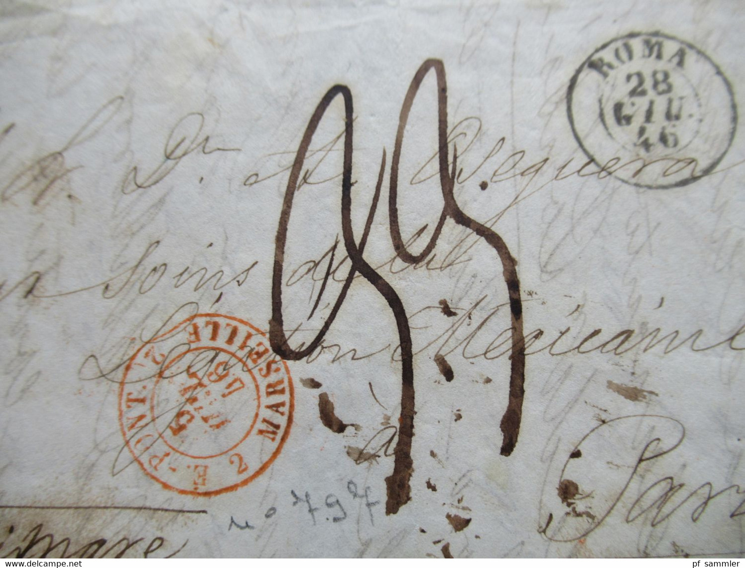 Italien 1846 Roma - Paris Roter Stempel K2 E. Pont 2 Marseille 2 Schiffspost Handschriftlich Via Di Mare - ...-1850 Préphilatélie