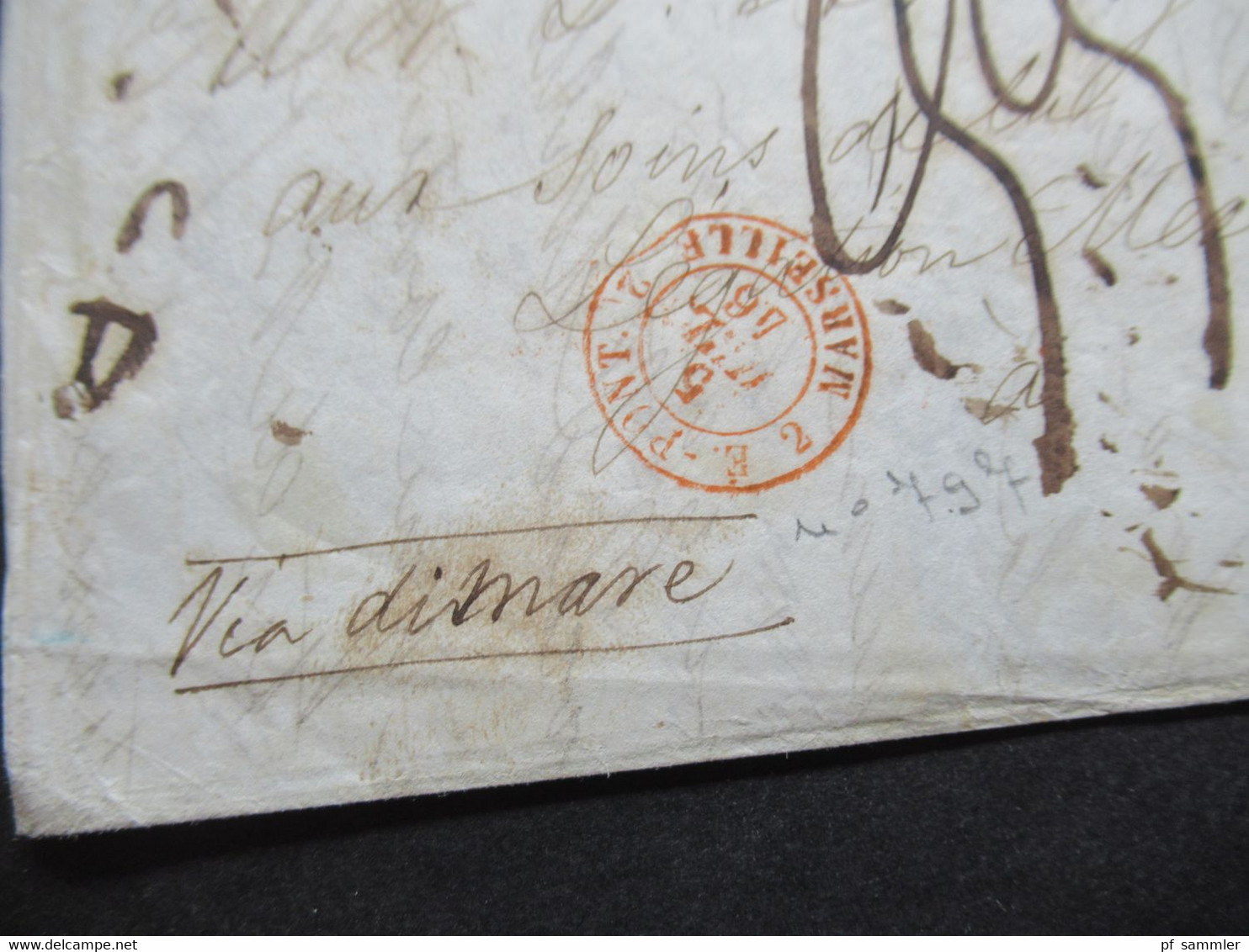 Italien 1846 Roma - Paris Roter Stempel K2 E. Pont 2 Marseille 2 Schiffspost Handschriftlich Via Di Mare - ...-1850 Voorfilatelie