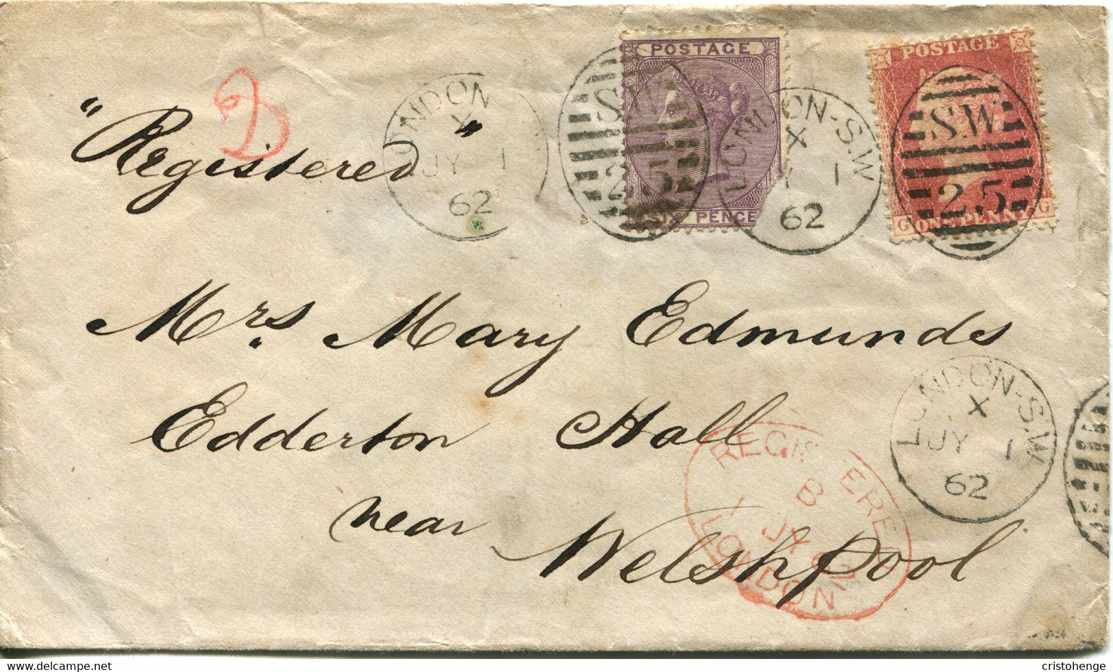 Great Britain - England 1862 Registered Cover London To Edderton Hall, Wales - 1d Red Stars - Briefe U. Dokumente