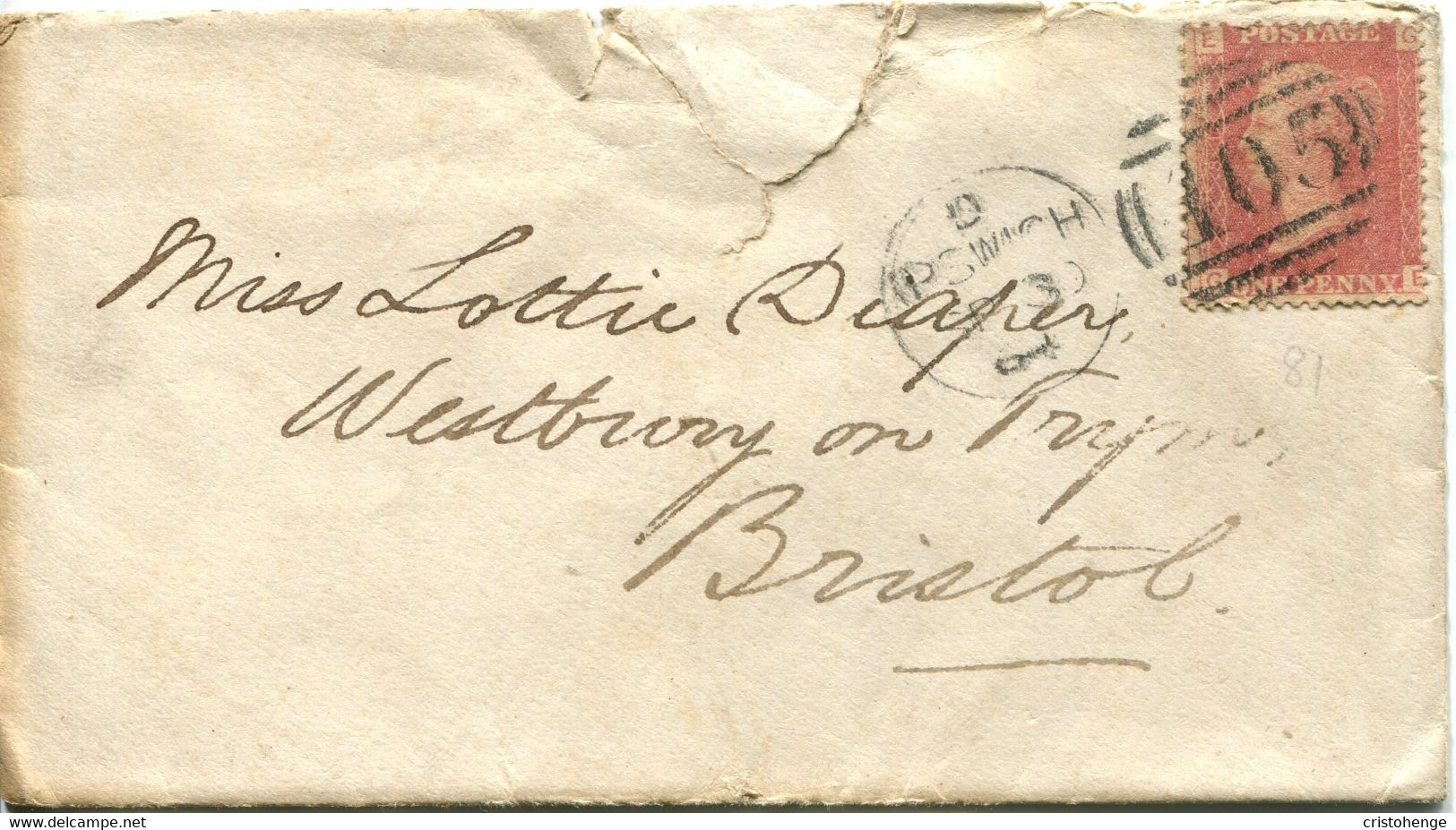 Great Britain - England 1864 Cover Ipswich To Bristol - 1d Red - Plate 81 - Briefe U. Dokumente