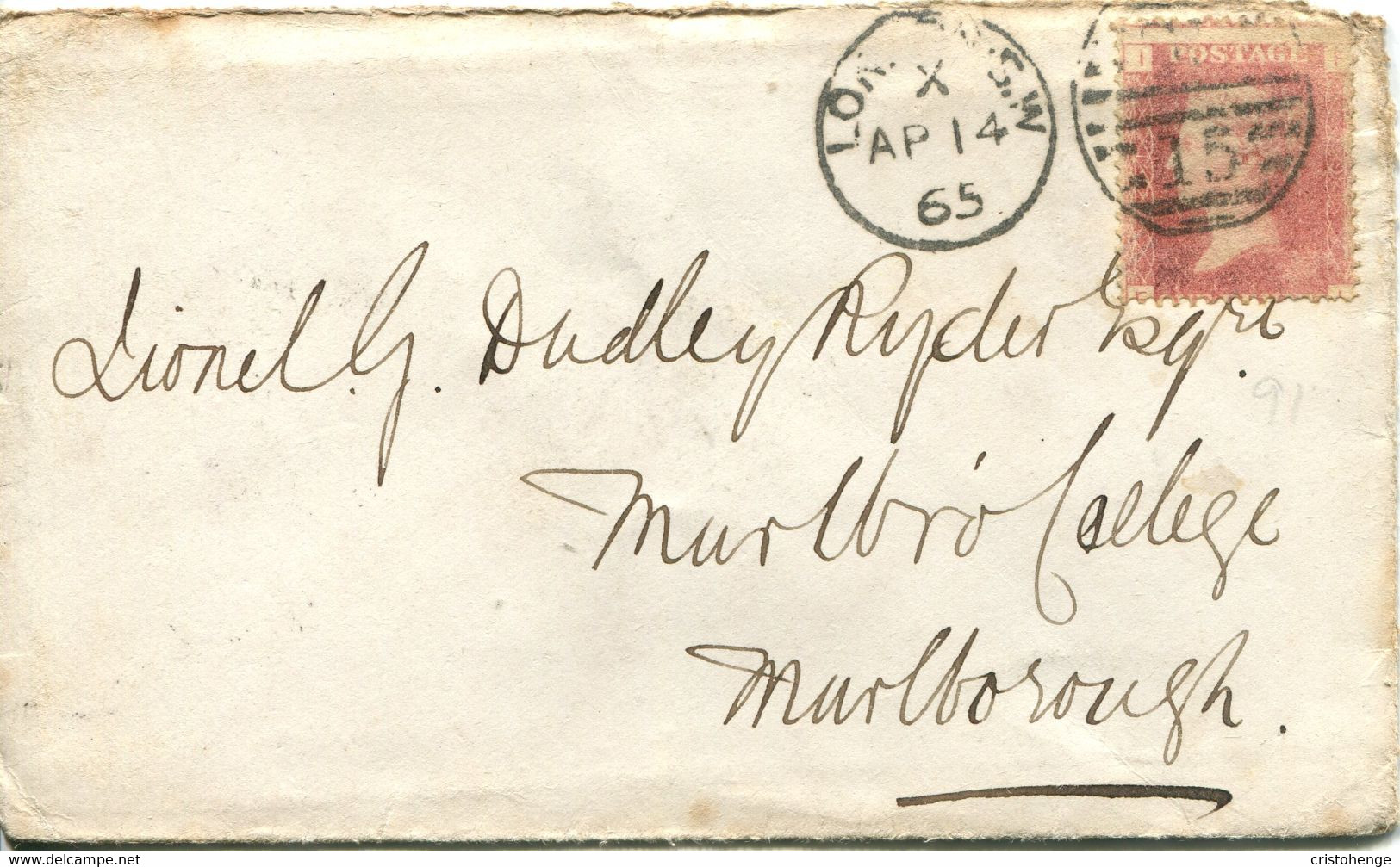 Great Britain - England 1865 Cover London To Marlborough - 1d Red - Plate 91(?) - Lettres & Documents
