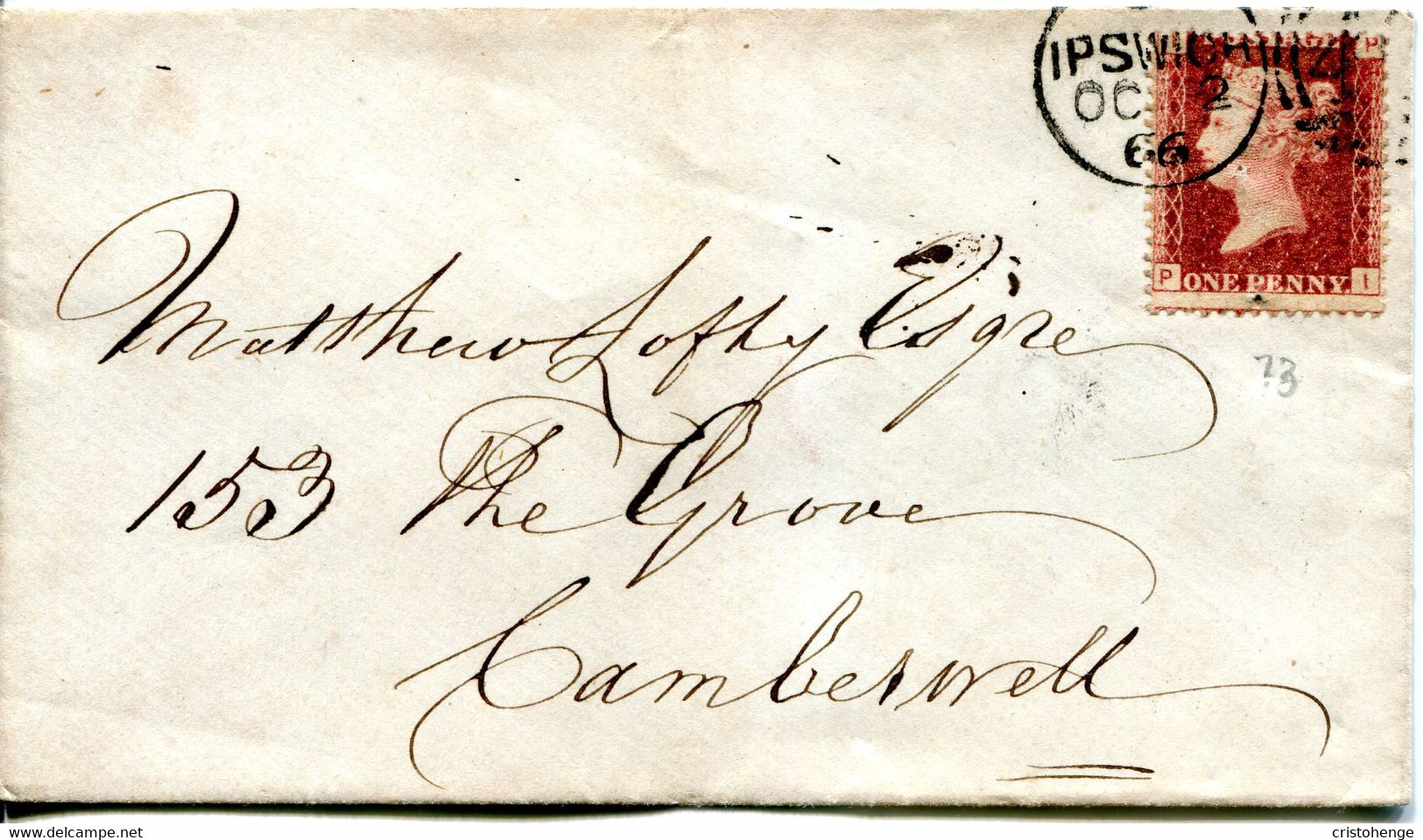 Great Britain - England 1866 Cover Ipswich To Camberwell, London - 1d Red - Plate 73 - Covers & Documents