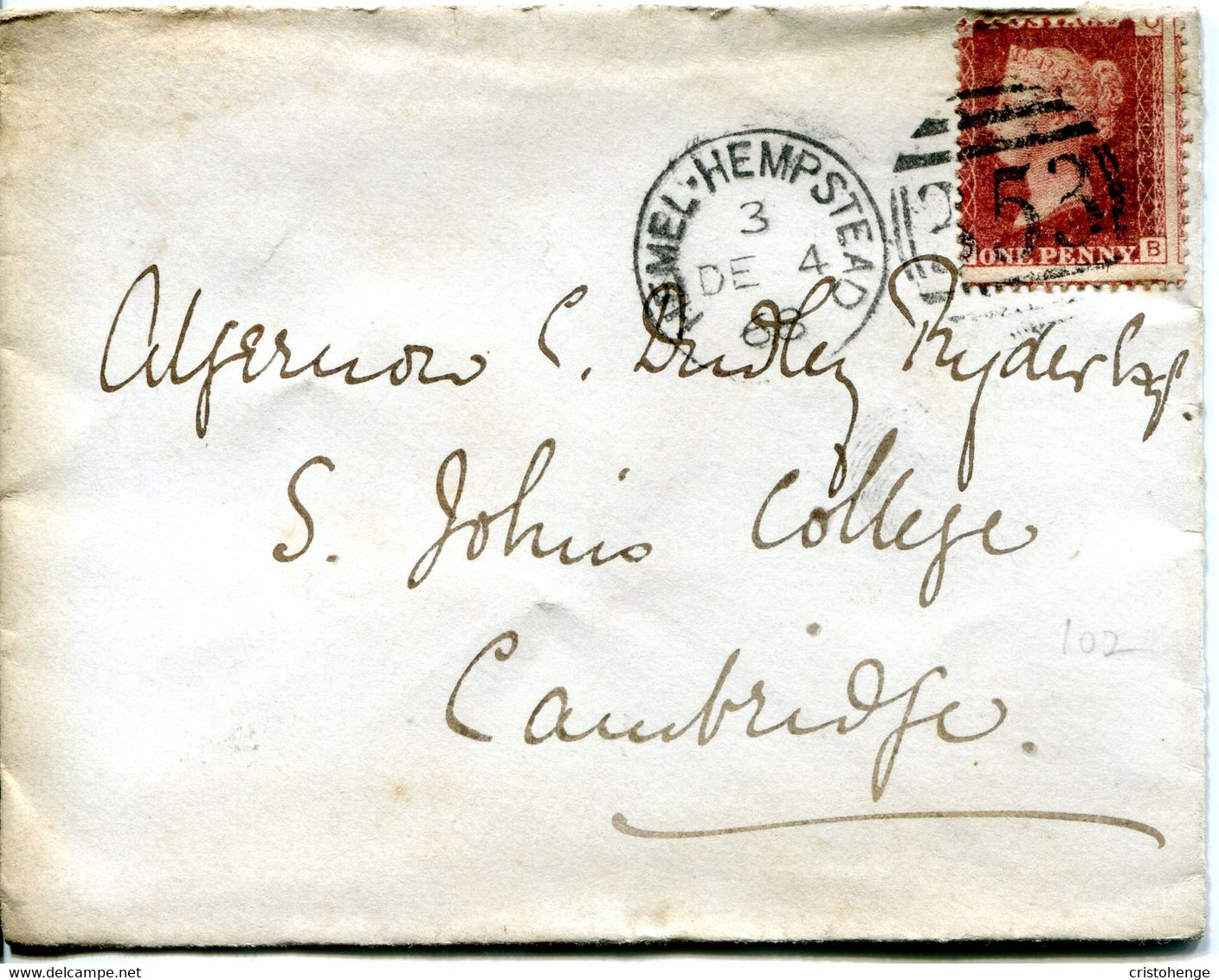 Great Britain - England 1866 Cover Hemel Hempstead To St Johns College, Cambridge - 1d Red - Plate 102 - Covers & Documents