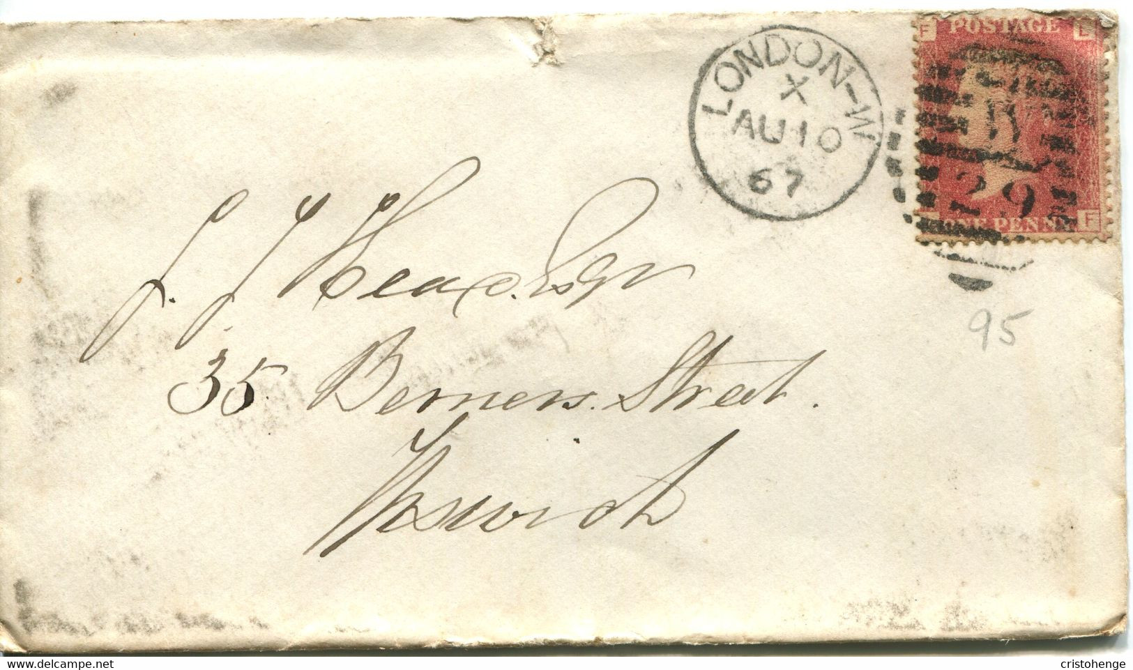 Great Britain - England 1867 Cover London To Ipswich - 1d Red - Plate 95 - Covers & Documents