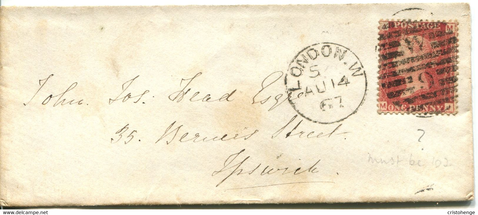 Great Britain - England 1867 Cover London To Ipswich - 1d Red - Plate 102 - Covers & Documents