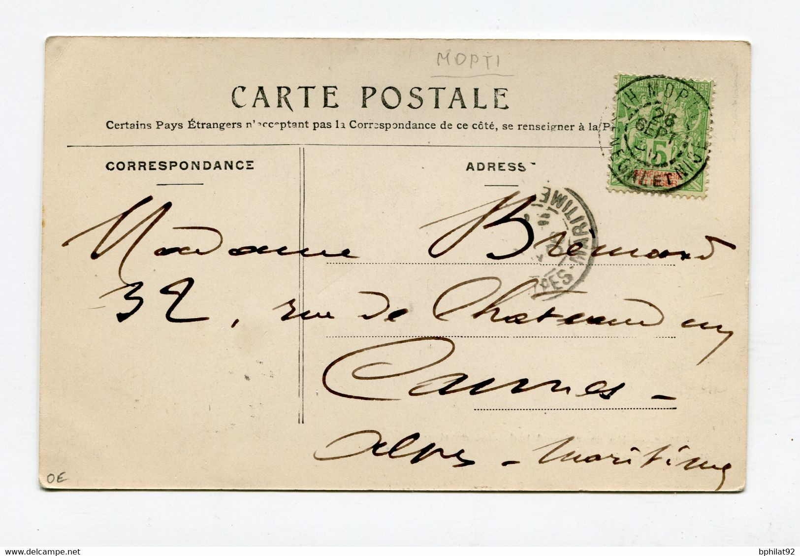 !!! HAUT SENEGAL ET NIGER, CPA DE 1906 POUR CANNES CACHET DE MOPTI - Covers & Documents