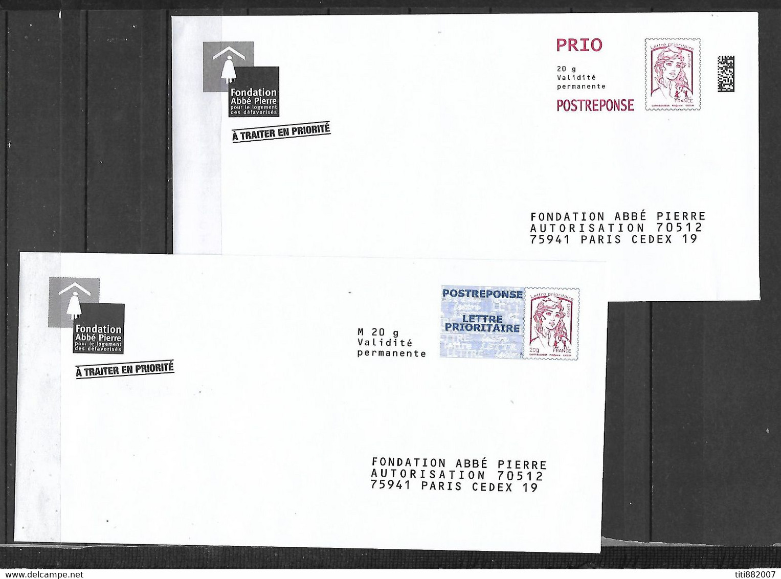 FRANCE    -    2 Enveloppes  POSTREPONSE Neuves.  Fondation Abbé Pierre. - Reply Coupons