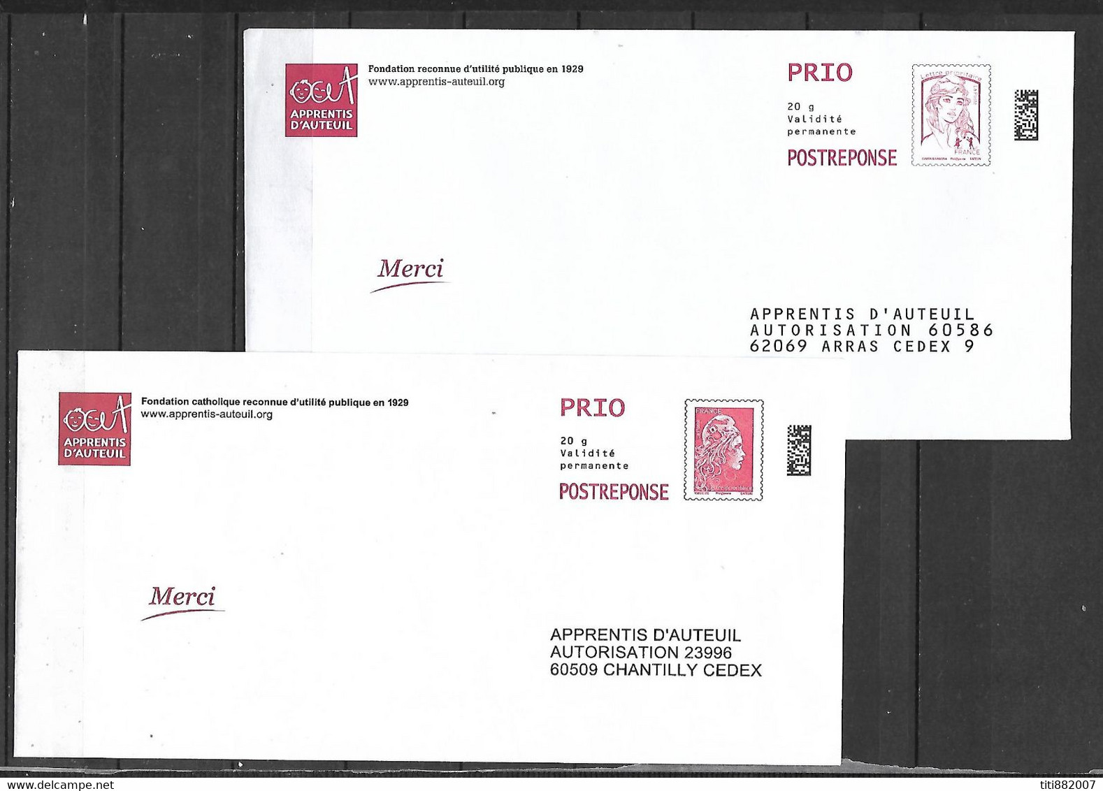 FRANCE    -    2 Enveloppes  POSTREPONSE Neuves.   Apprentis D' Auteuil. - Coupons-réponse