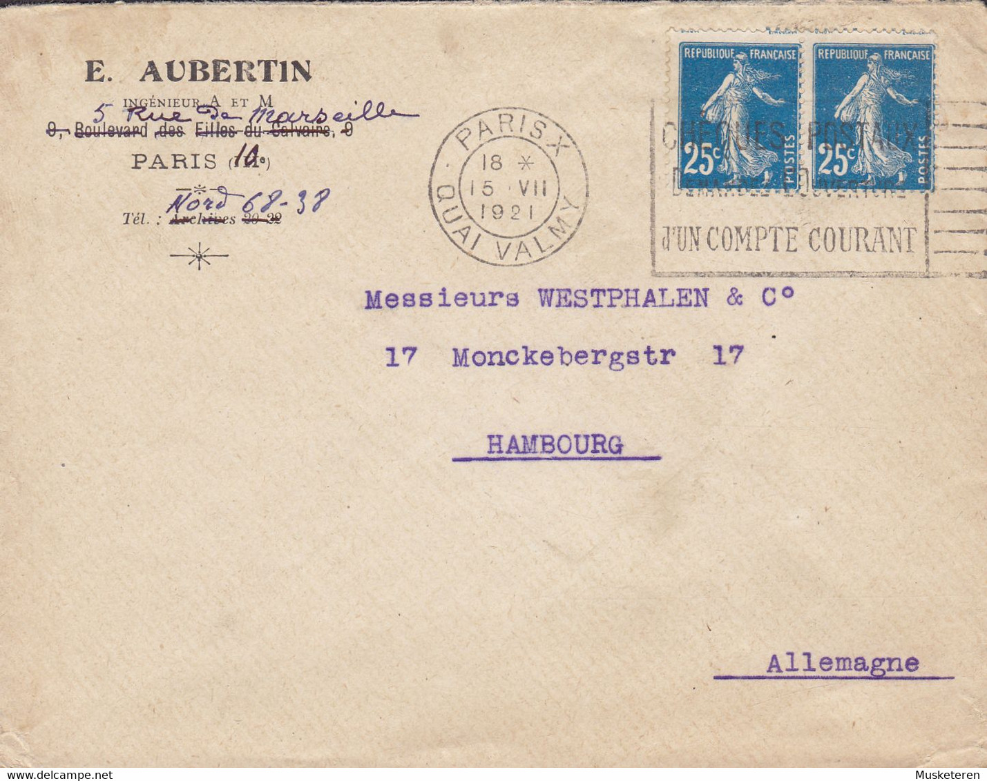 France E. AUBERTIN, PARIS Quai Valmy 1921 Cover Lettre HAMBURG Germany 2x Semeuse ERROR Variety 'Misplaced Print' - Storia Postale