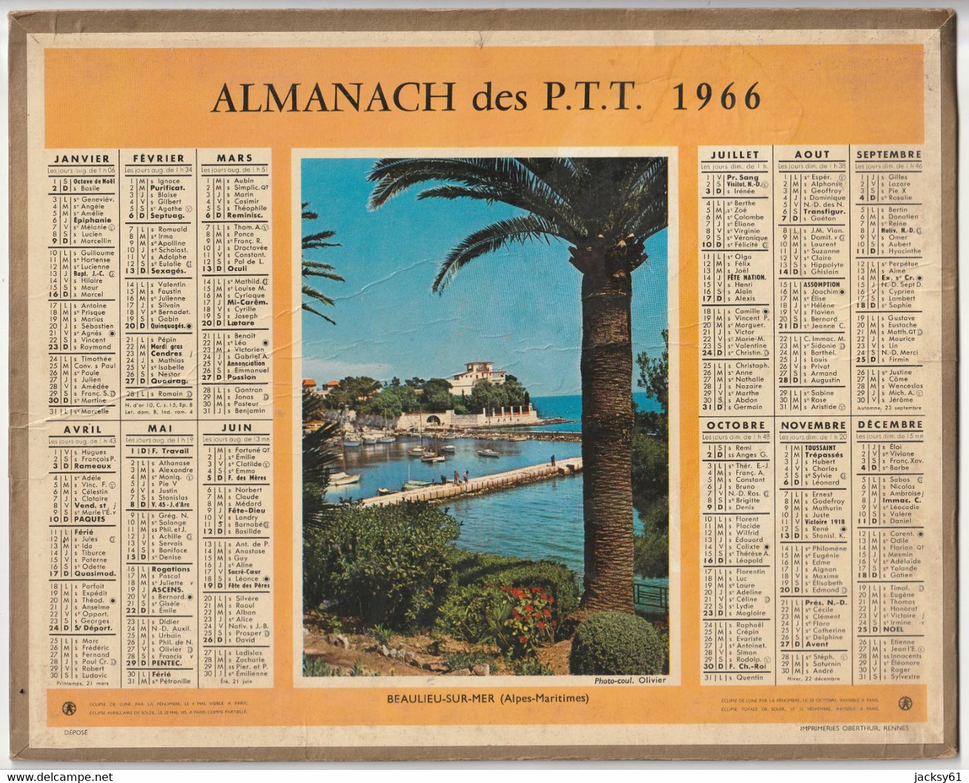 Almanach Des P.T.T. - 1966 - Beaulieu Sur Mer (alpes Maritimes) - Petit Format : 1961-70