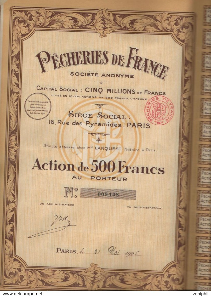 PECHERIES DE FRANCE - ACTION DE 500 FRS - ANNEE 1925 - Scheepsverkeer