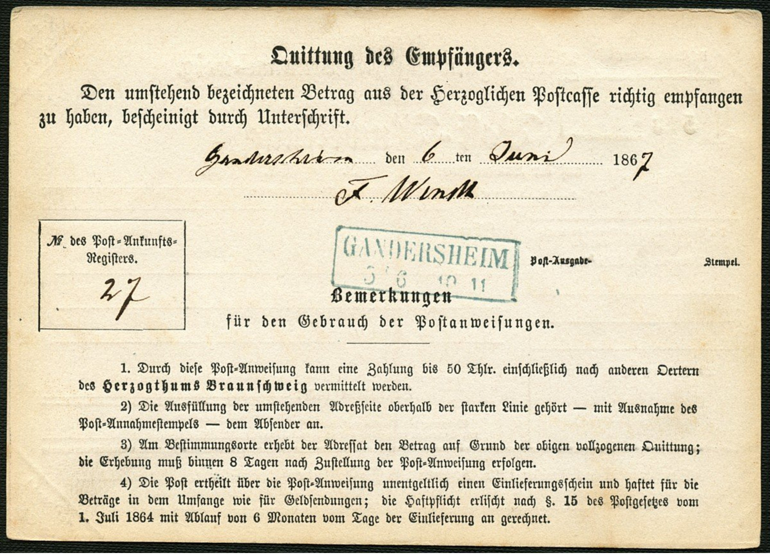 BRAUNSCHWEIG 1867, WEISSE POSTANWEISUNG, STEMPEL R2 KREIENSEN AK R2 GANDERSHEIM - Brunswick