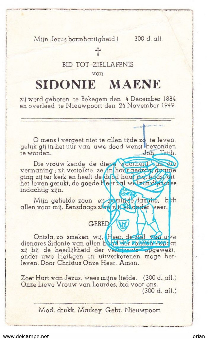 DP Sidonie Maene ° Bekegem Ichtegem 1884 † Nieuwpoort 1949 - Devotion Images