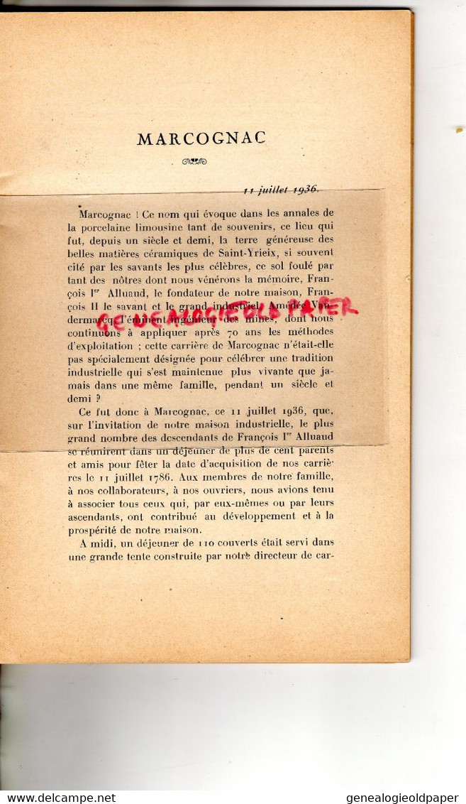 87- LIMOGES- MARCOGNAC ST SAINT YRIEIX- PORCELAINE-CENT CINQUANTENAIRE MAISON ALLUAUD 1936- PIERRE VANDERMARCQ-HAVILAND - Limousin