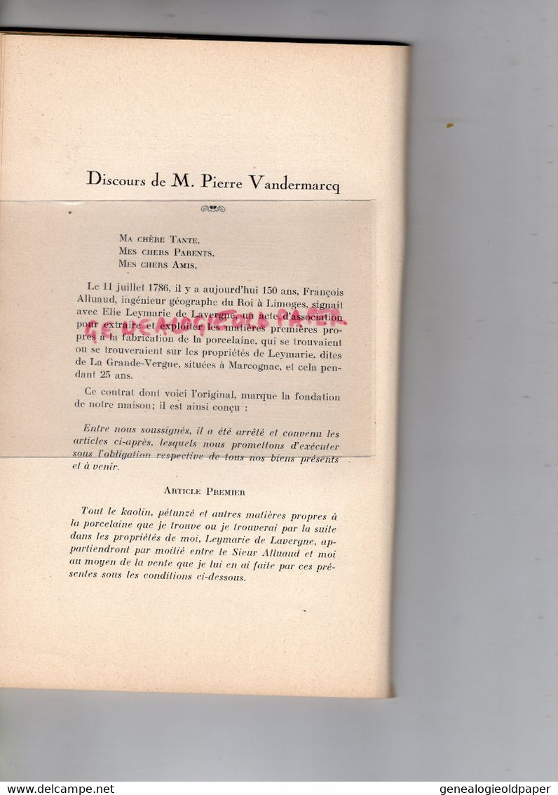 87- LIMOGES- MARCOGNAC ST SAINT YRIEIX- PORCELAINE-CENT CINQUANTENAIRE MAISON ALLUAUD 1936- PIERRE VANDERMARCQ-HAVILAND - Limousin