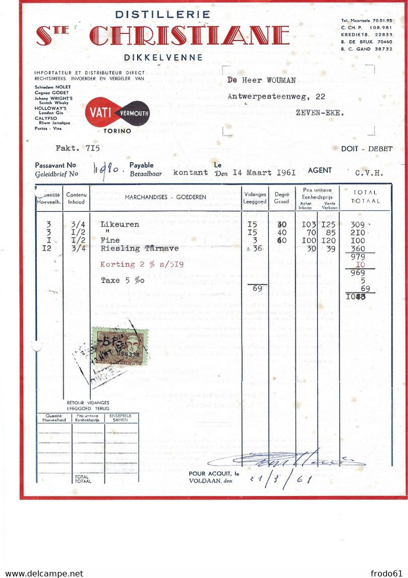 DISTILLERIE STE - CHRISYIANE , DIKKELVENNE, APERITIVO VATI, 1961, Model 2 - Facturas